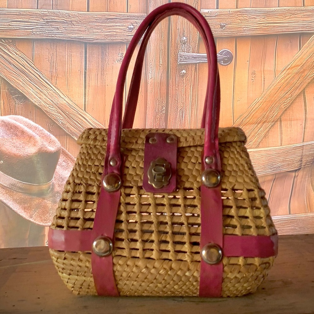 Vintage Woven Straw Basket Handbag Tan and Rose Pink Leather Accents